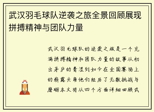 武汉羽毛球队逆袭之旅全景回顾展现拼搏精神与团队力量